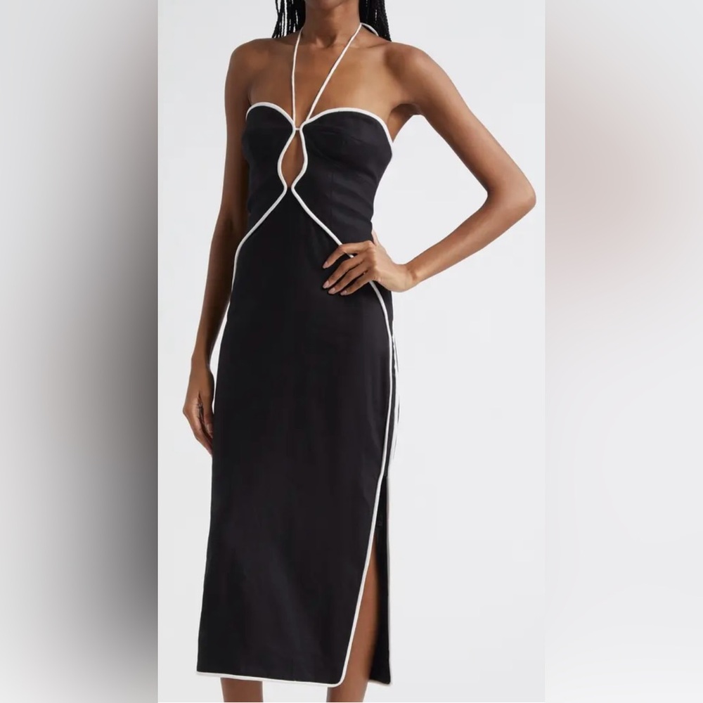 Farm Rio Black & White Elegant Cut Out Halter Midi Dress